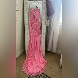 Ashley Lauren 11236 Long Fitted V Neck Slit Beaded Sequin Prom Gown Size Two